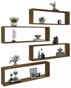 4 db füstös tölgy színű szerelt fa fali kockapolc 100x15x30 cm