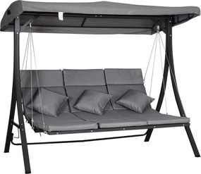 Outsunny 3-Fős Hollywoodi Hintaágy, Állítható Napernyővel, Párnákkal Ellátott Hinta, Maximum 270 kg Teherbírás, Fém, Textil, Szürke, 200 x 115 x 168 c