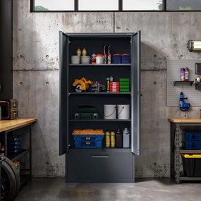 Moduláris többfunkciós fém szekrény magas fiókkal antracit MEGAN 1950 x 900 x 400 mm