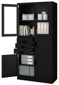 FILIP irodai fémszekrény irattartóval és iratszéffel, 900 x 1850 x 400 mm, fekete színben