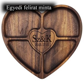 Fa tálaló tál osztott szív alakú Egyedi felirattal