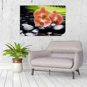 Kép - Narancssárga orchidea pálmalevelekkel (90x60 cm)