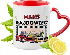 Piros bögre szív alakú füllel Maxnak Ajándék