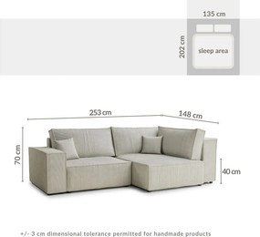 Bézs kordbársony kinyitható-tárolóhelyes sarokkanapé (jobb oldali-L alakú) Tonga – Maison de Rêve