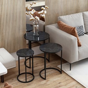 [en.casa] Oldalsó különböző méretű kisasztal-szett 3 db-os Frederiksværk fém márványos fekete