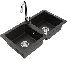 Mexen Mario, 2 kamrás gránit mosogató 820x436x161 mm és Telma króm mosogató csaptelep, fekete-arany metál, 6504-75-670200-00
