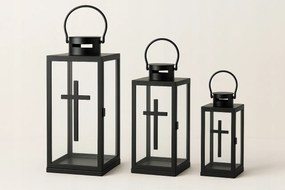 Lámpás lampion 36 49 63cm Fekete Mécses sírra temető acél kereszttel