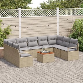 10 Darabos Kerti Sofa Szett Párnákkal Bézs Poli Rattan Akác, 2-Személyes Kerti Sofa Párnákkal Bézs Poli Rattan
