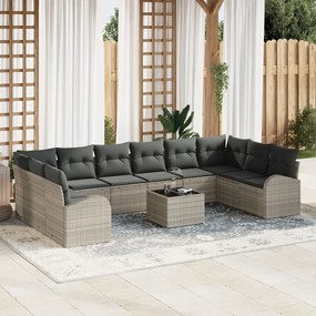 11 darabos kerti kanapészett párnával szürke poli rattan, 2-üléses kerti kanapé tárolóval és párnákkal világosszürke poli rattan