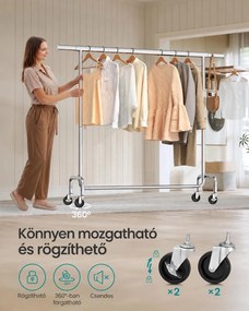 Nagy teherbírású gurulós ruhatartó, állítható 110–150 cm szélességgel, max. 130 kg, krómozott