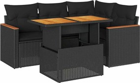 vidaXL 5 részes fekete polyrattan akácfa kerti kanapészett párnákkal