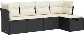 vidaXL 5 részes fekete polyrattan kerti kanapészett párnákkal