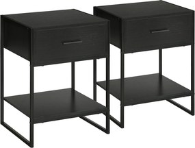 HOMCOM 2 db Modern Éjjeliszekrény, Hálószoba és Nappali Éjjeliszekrények, Fiókkal és Nyitott Polccal, Modern Dizájn, MDF és Acél, 45x40x60cm, Fekete |