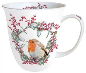Karácsonyi vörösbegy koszorúban porcelánbögre Robin In Wreath 400ml