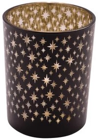 Fekete üveg mécsestartó pohár arany csillagos, 7x7x7,8cm