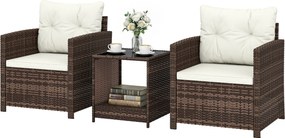 Outsunny 3 részes PE-rattan kerti szett — 2 párnázott fotel és üveglapos dohányzóasztal, barna/krém — erkély/terasz | Aosom
