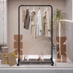 Fém ruhatartó kerekekkel, tárolópolccal, felső sín 40 kg-ig, fekete