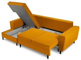 Mustársárga kordbársony kinyitható tárolóhelyes sarokkanapé (bal oldali-heverő résszel) Kyoto – Cosmopolitan Design