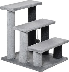 PawHut Háziállat Lépcső 3-Lépcsős Cica Lépcső Kaparóposzttal és Játéklabdával 5 kg-ig Fekvő Szürke Plüss Juta 45 x 40 x 48 cm | Aosom