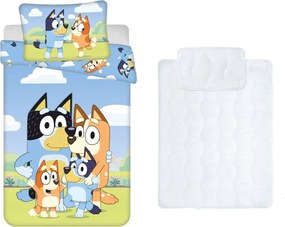 Bluey Happy Family gyerek, ovis ágyneműhuzat és paplan/párna szett 100x135 cm 40x60 cm