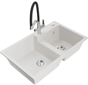 Mexen Tomas 2-medencés gránit mosogató és Duo konyhai csaptelep, fehér - 6516-20-671701-07