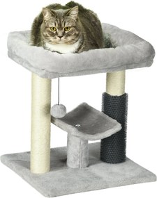 PawHut Macska Karcoló Fába Álló Macska Fa 48 cm Magasságú 2 Karcoló Oszloppal, U-Alakú Platform Ággyal és Lógó Labdával Szürke | Aosom