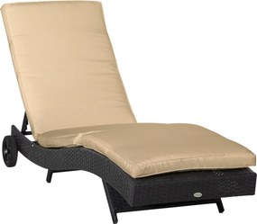 Outsunny S alakú dőlt rattan kertiszék 2 kerekével, 5 pozícióban állítható támlával és levehető párnával teraszra 207x70x70 cm Fekete és Bézs | Aosom