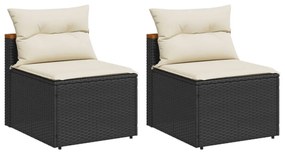 2 db fekete polyrattan karfa nélküli kerti kanapé párnákkal