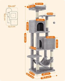 Macska kaparófa, két cicaházzal, pihenőhelyekkel és függőággyal 49×40×150cm, szürke