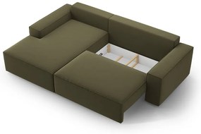 Zöld bársony kinyitható-tárolóhelyes sarokkanapé (bal oldali-heverő résszel) Jodie – Micadoni