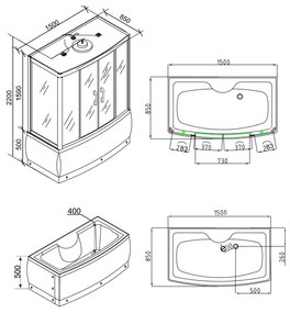 Emilia 85x150 cm hidromasszázs kádkabin elektronikával Black