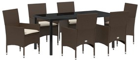 7 darabos Kert Étkezőszett párnákkal Barna Polirattan, Kerti Asztal Fekete 160x80x73 cm Temperált Üveg