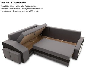 Grande sarokkanapé polcokkal és puffokkal , polc a jobb karfaban puffok a bal karfaban, baloldali, szövet anyag, hab töltet, szürke - fekete