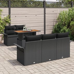 6 Részes Kerti Kanapé Szett Párnával Fekete Poli Rattan, 2-Személyes Kerti Kanapé Tárolóval és Párnával Fekete Poli Rattan