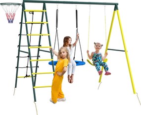 Outsunny Gyerek Hintaállvány, 4 az 1-ben Hinta Keret 2 Hintával, Kosárlabdapalánkkal, Mászó Lépcsővel, Kerti Hinta 3-8 Éves Gyerekeknek, Acél, Sárga |