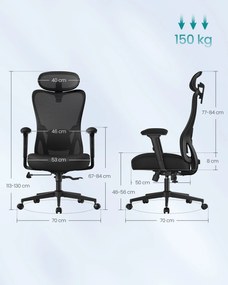 SONGMICS ergonomikus irodai szék, állítható fejtámlával és deréktámasszal, tintafekete