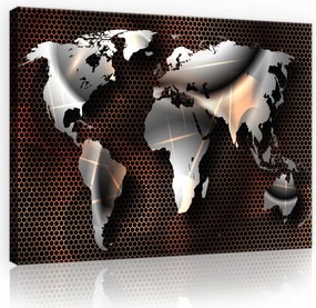 Vászonkép 80x60 Világtérkép metál ezüst szürke narancssárga hexagonális