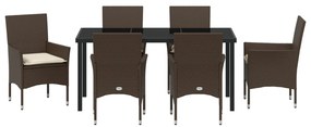 7 darabos Kert Étkezőszett párnákkal Barna Polirattan, Kerti Asztal Fekete 160x80x73 cm Temperált Üveg