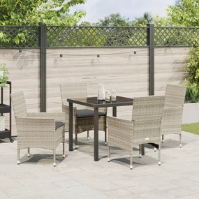 5 Darabos Kerti Étkezőszett Párnákkal Világosszürke Poli Rattan, Kerti Asztal Fekete 80x80x73 cm Edzett Üveg