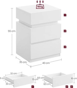 Éjjeli szekrény, hálószobai lerakóasztal, állítható LED fényekkel, fehér 35x40x55cm