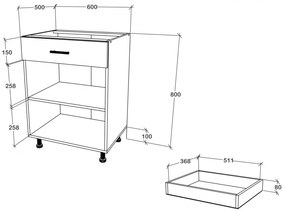 Benita 1 fiókos 2 ajtós Alsó konyhaszekrény Fehér 60x50x80 cm