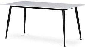 Masă albă cu efect de marmură, cu blat din ceramică, picioare din metal negru. Dimensiuni: 160x90x76 cm. HT-406