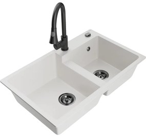 Mexen Tomas, 2 kamrás gránit mosogató 800x500x190 mm és Elia mosogató csaptelep, fehér, 6516-20-670101-70