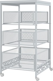 HOMCOM Görgős Tárolókocsi 3 Szintes Tárolókocsi 3 Kosaras Fiókkal Nappaliba, Étkezőbe, Konyhába, Fürdőbe 34x29,5x57,5 cm Fehér | Aosom