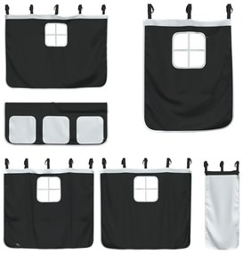 fehér-fekete emeletes ágy csúszdával és függönnyel 90 x 200 cm