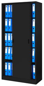 Fém irodai szekrény tolóajtókkal – KUBA, 900 x 1850 x 400 mm, fekete