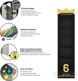 Fekete üveg vitrin nappaliba, fém lábakon LUIGI Modern 500 x 1800 x 350 mm