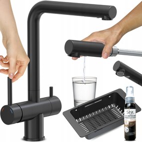 Háromutas Konyhai Csaptelep Fekete, Kihúzható Kifolyócsővel, Kétkaros Szűrővel
