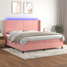 rózsaszín bársony rugós és LED-es ágy matraccal 200x200 cm