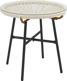 Outsunny Szintetikus Rattan Kertipari Kerek Kávézó Asztal Kültéri Használatra Edzett Üveg Felsővel és Fém Lábakkal, Teraszra, Erkélyre Ø50x50 cm Krém